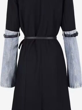 Black Women's Long Coat with  Denim Sleeve Details
